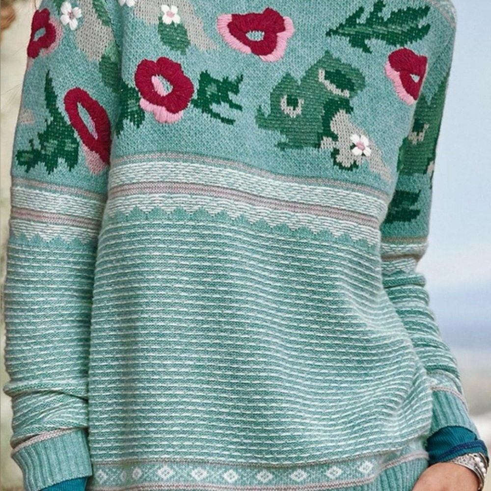 Sundance Floral Crew Neck Sweater - Teal and Red 80%wool 20% nylon